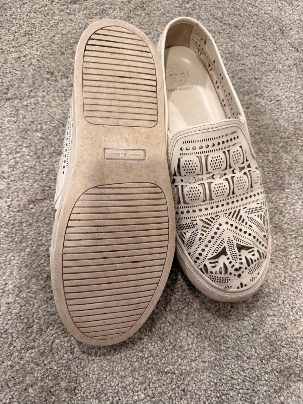 Tory Burch Roselle White Laser Cut Leather Slip On Sneakers Size 8.5M - Picture 3 of 4
